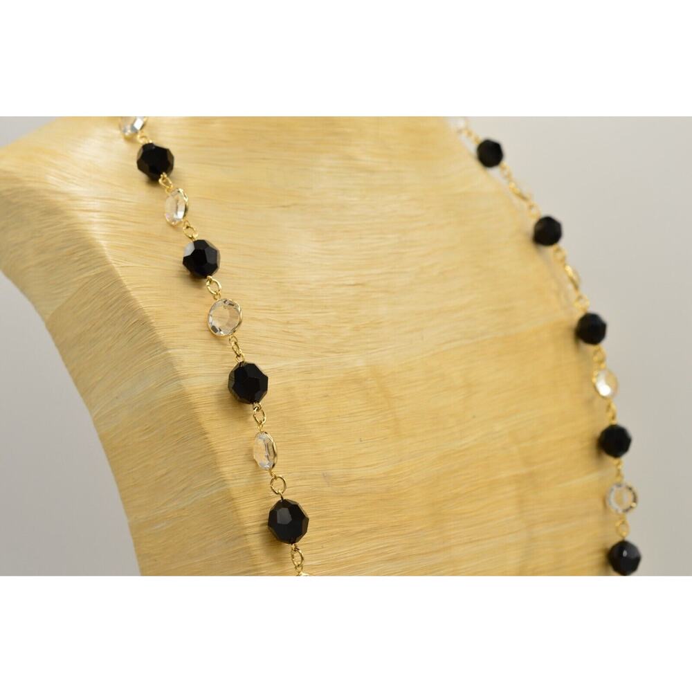 Austrian Crystal USA Vintage Necklace Open Bezel Clear Black Gold Signed 80s 9J